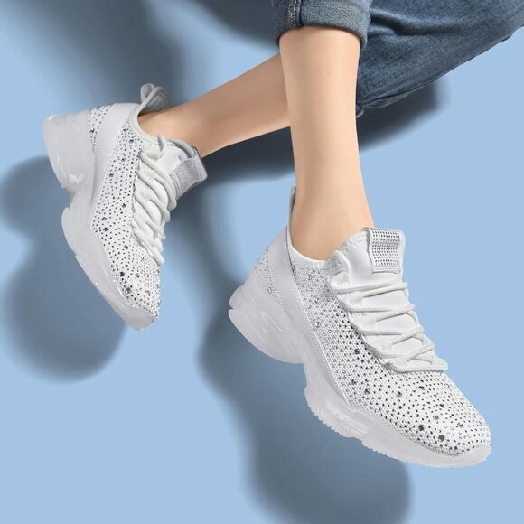 🆕 Women's Rhinestone Mesh Slip-On Walking Shoes Breathable Glitter White Fabric - Picture 5 of 9